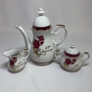 Vintage Nasco 40th Anniversary Fine China Tea Set 3pc White Gold Red Roses Japan